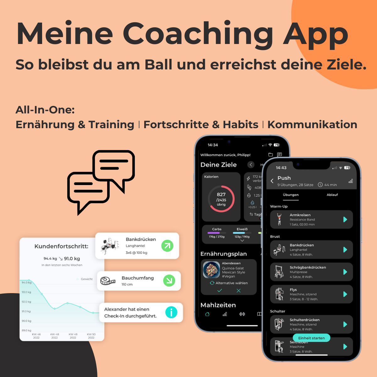 Coaching App mit Training, Ernährung, Fortschritten und Kommunikation