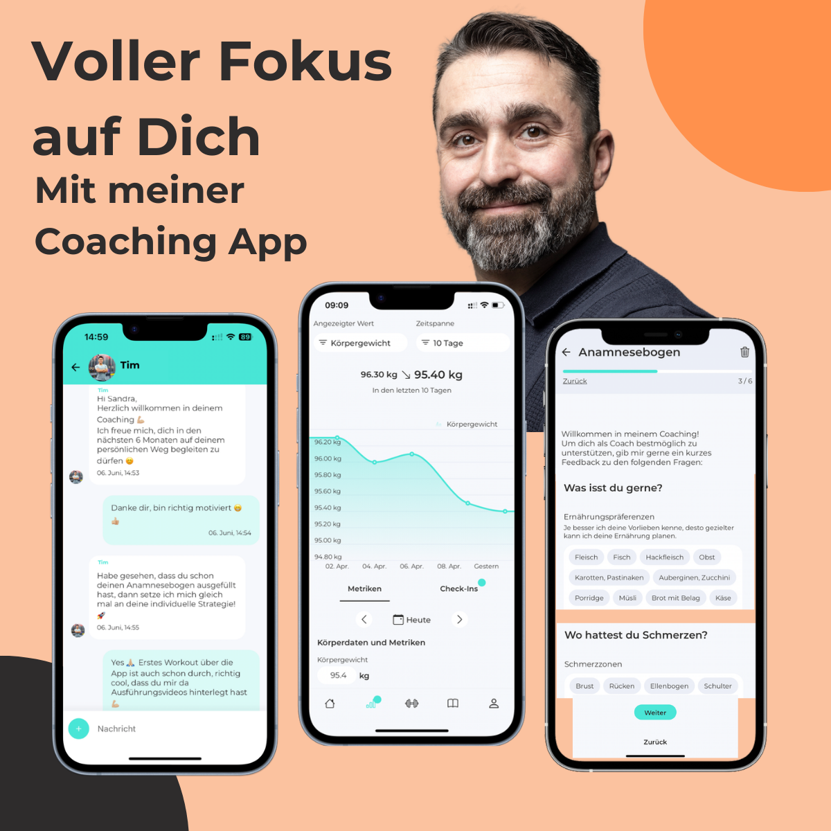 Persönliche Begleitung, Fortschrittsübersicht und Anamnesebogen in der Coaching App